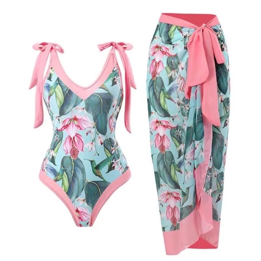 2 Pcs Set Pink and Blue Tropical Flower Swimsuit & Sarong Skirt